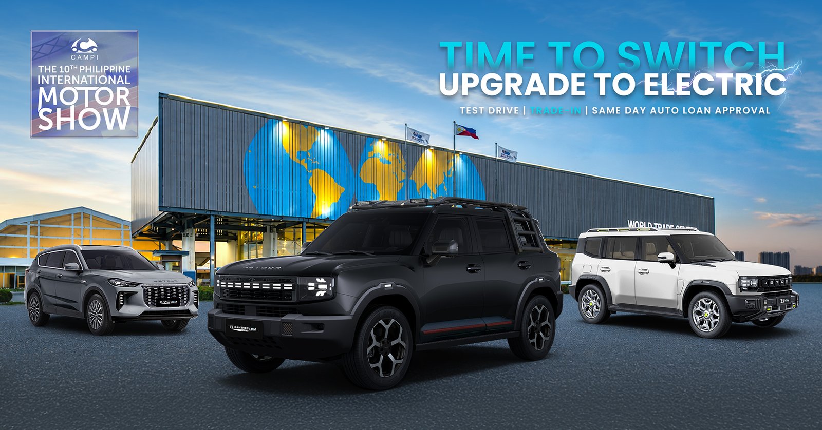 JJETOUR T2 Panda i-DM and T1 Panther i-DM electric SUVs showcased at Manila International Auto Show 2026 with city skyline and off-road landscape, Time to Switch Upgrade to Electric